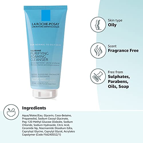 La Roche-Posay Toleriane Purifying Foaming Facial Cleanser, Oil Free Face Wash for Oily Skin and for Sensitive Skin with Niacinamide, Pore Cleanser Won’t Dry Out Skin, Unscented