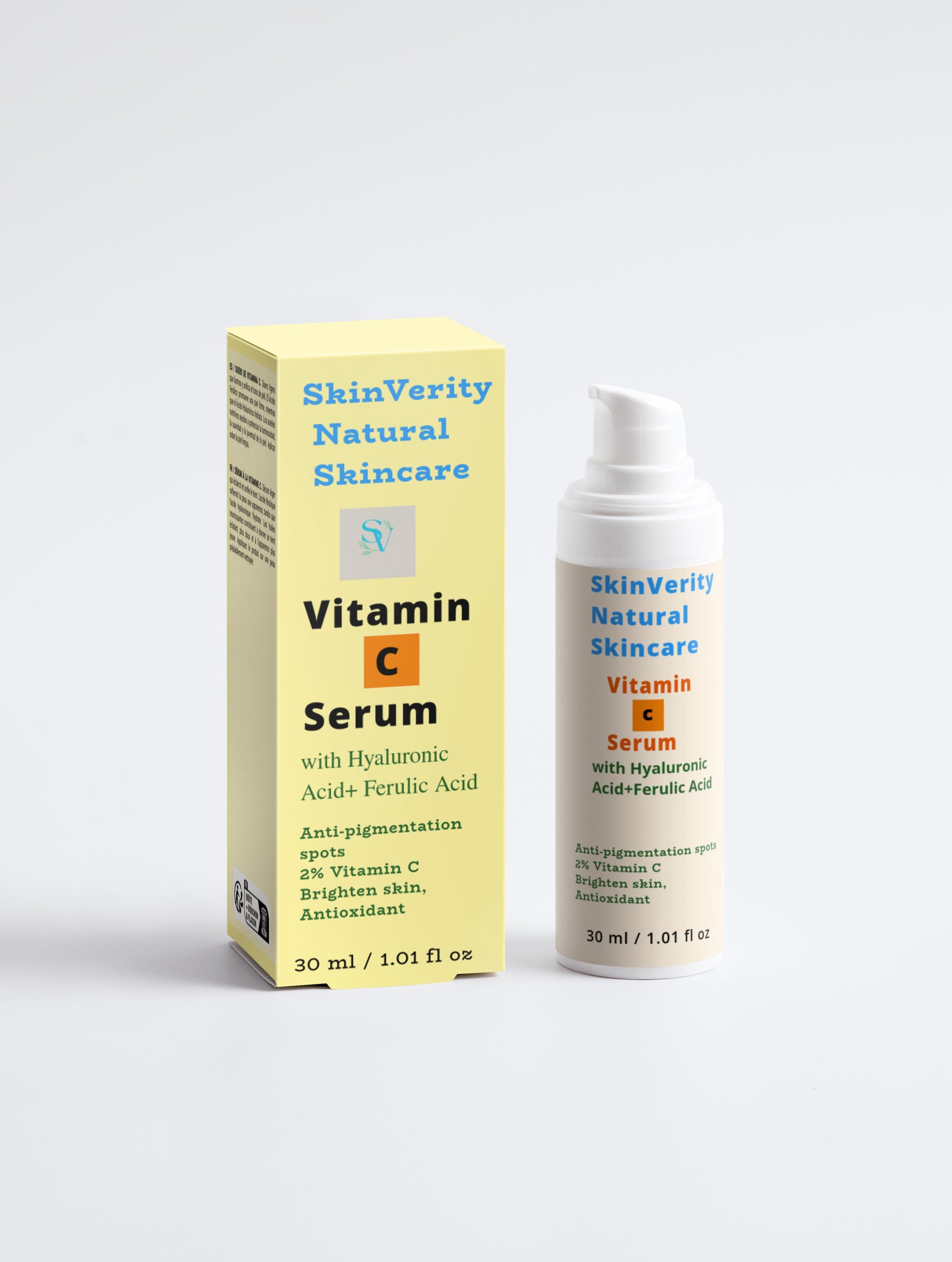 SkinVerity Glow Vitamin C Serum with Hyaluronic & Ferulic Acid in amber glass bottle, formulated to brighten, hydrate, and protect skin with powerful antioxidants