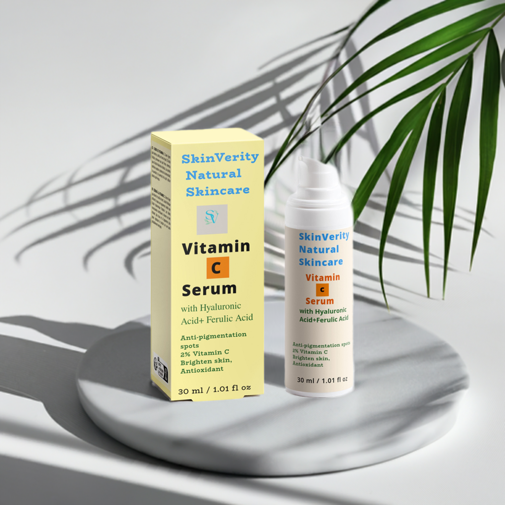 SkinVerity Glow Vitamin C Serum with Hyaluronic & Ferulic Acid in amber glass bottle, formulated to brighten, hydrate, and protect skin with powerful antioxidant
