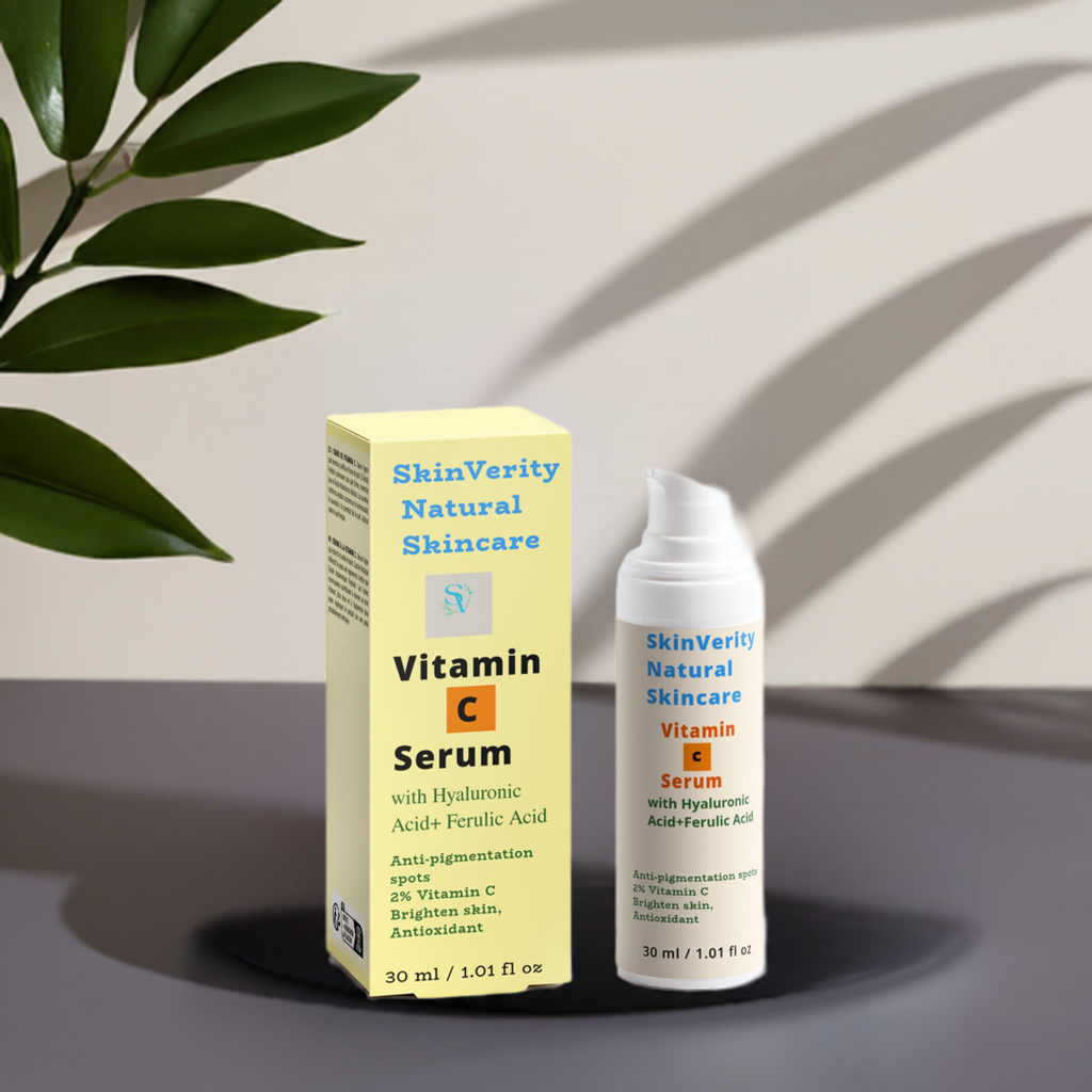SkinVerity Glow Vitamin C Serum with Hyaluronic & Ferulic Acid in amber glass bottle, formulated to brighten, hydrate, and protect skin with powerful antioxidant