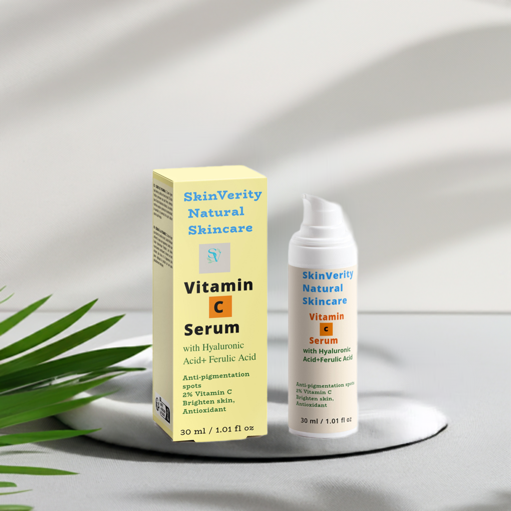 SkinVerity Glow Vitamin C Serum with Hyaluronic & Ferulic Acid in amber glass bottle, formulated to brighten, hydrate, and protect skin with powerful antioxidant