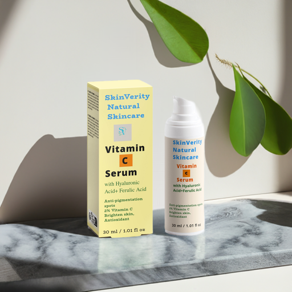 SkinVerity Glow Vitamin C Serum with Hyaluronic & Ferulic Acid in amber glass bottle, formulated to brighten, hydrate, and protect skin with powerful antioxidant